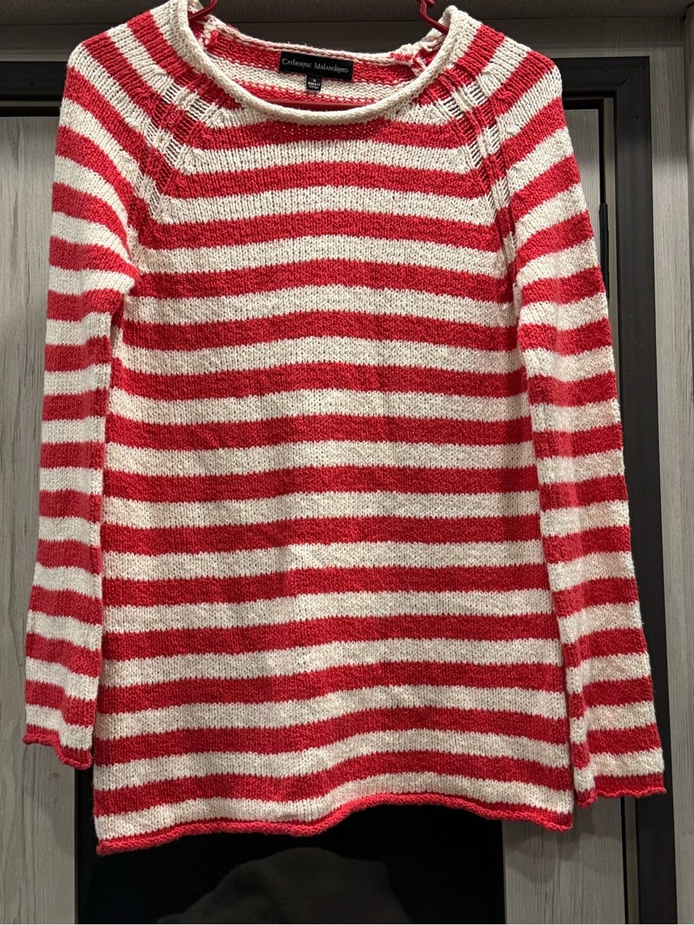 Catherine Malandrino Red and Ivory Striped Scoop Neck Sweater
